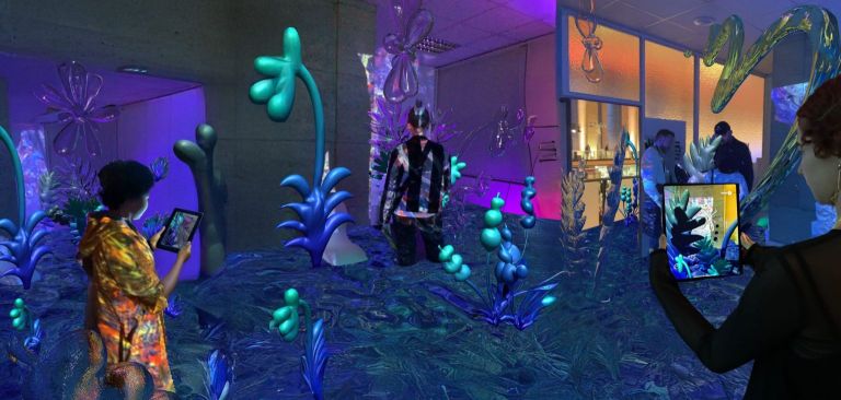 Bunte, animierte Darstellung eines Zimmers mit mehreren Personen mit digitalen Ger&auml;ten in der Hand und Fantasie-Pflanzen